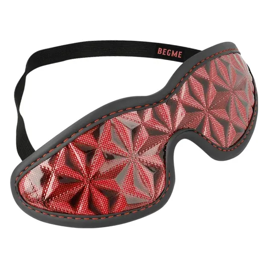 BEGME RED EDITION neoprene blindfold, adjustable red BDSM mask, front view.