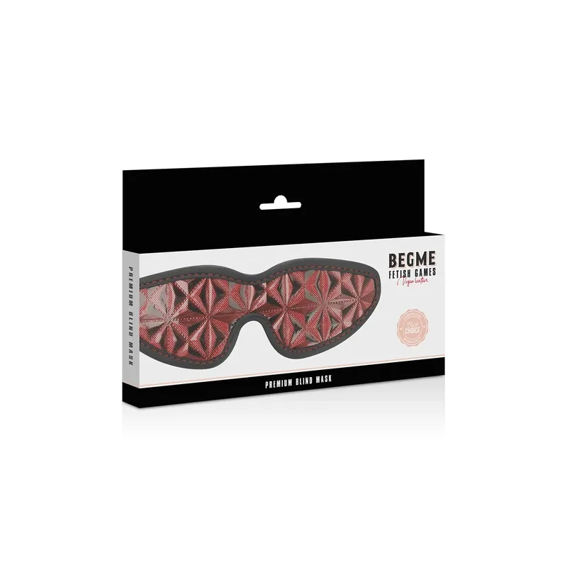 Masque aveugle BDSM BEGME RED EDITION en néoprène rouge ajustable, vue de face.
