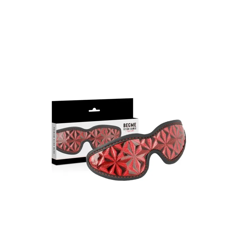 BEGME RED EDITION neoprene blindfold, adjustable red BDSM mask, front view.