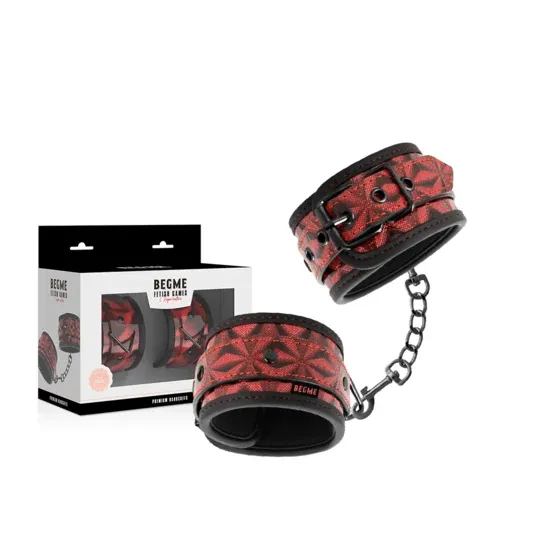 Menottes BEGME rouges en cuir vegan avec doublure néoprène, accessoire bondage premium