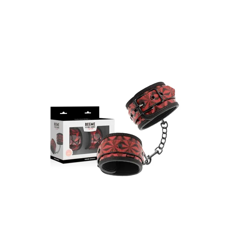 BEGME red handcuffs in vegan leather with neoprene lining, premium bondage accessory