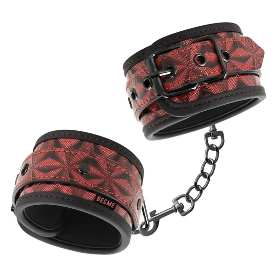 BEGME red handcuffs in vegan leather with neoprene lining, premium bondage accessory