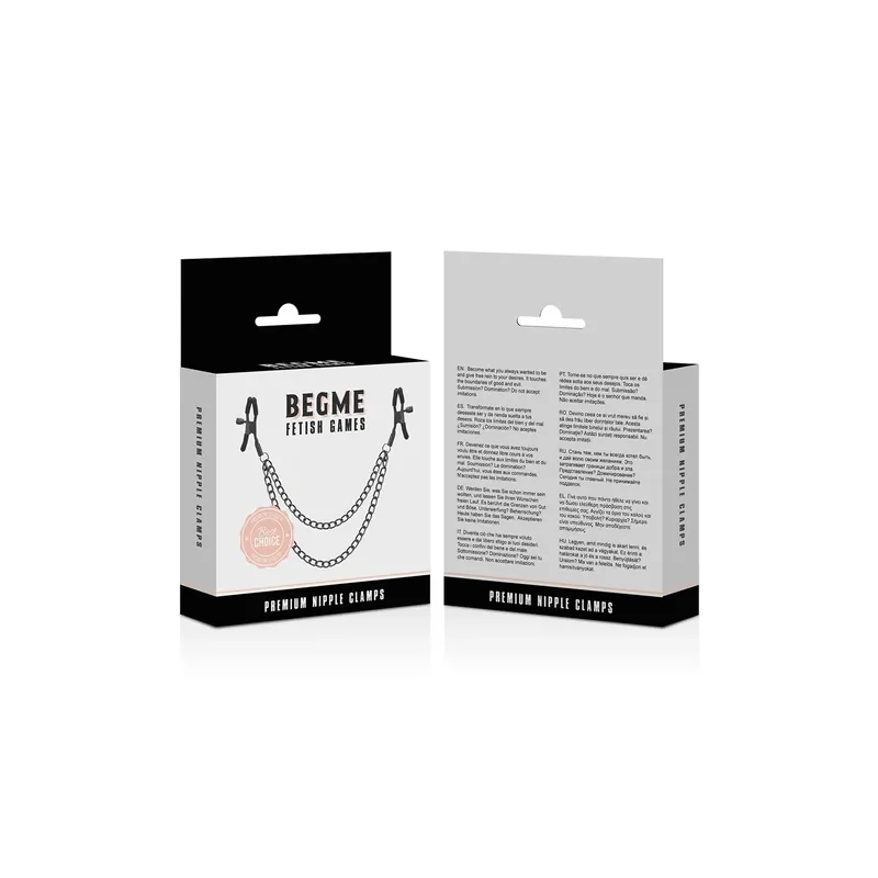 Red nipple clamps with chain, Begme Red Edition brand, BDSM accessory stainless steel nickel-free.