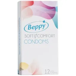 Préservatifs Beppy Doux et Confort 12 unités, boîte bleue et blanche, latex naturel lubrifié.