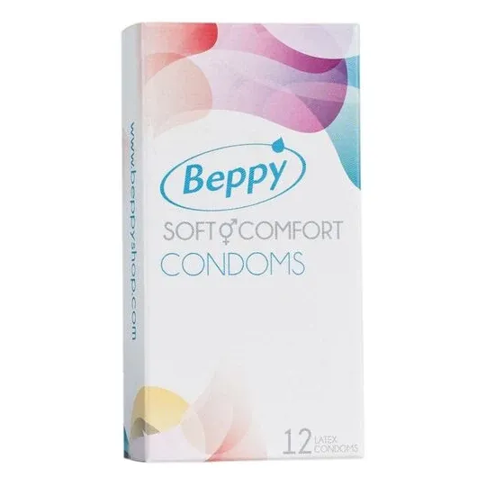 Beppy Doux und Konfort Kondome 12 Stück, blaue und weiße Box, Naturlatex mit Gleitmittel.