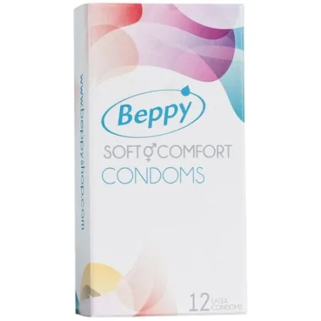 Preservativi Beppy Doux e Confort 12 pezzi, scatola blu e bianca, lattice naturale con lubrificante.