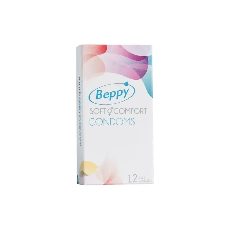 Preservativi Beppy Doux e Confort 12 pezzi, scatola blu e bianca, lattice naturale con lubrificante.