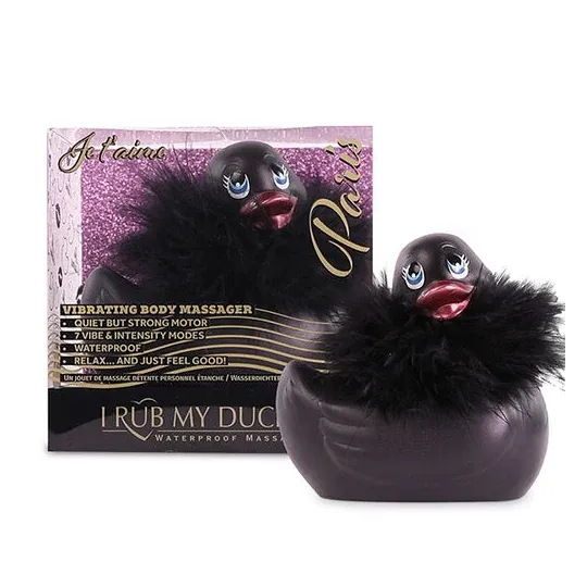 Vibrador pato impermeable negro Big Tease Toys I Rub My Duckie 2.0 con boa de plumas y cristal Swarovski