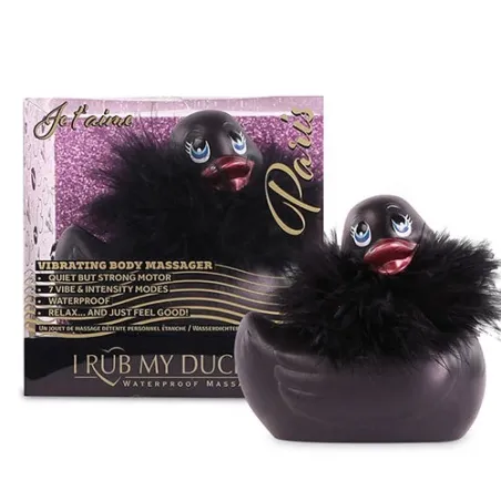 Vibromasseur canard étanche noir Big Tease Toys I Rub My Duckie 2.0 avec boa plumes et cristal Swarovski