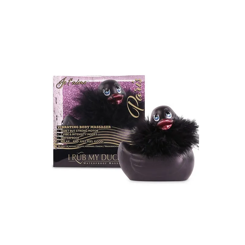 Wasserdichter Entenvibrator schwarz Big Tease Toys I Rub My Duckie 2.0 mit Federboa und Swarovski Kristall