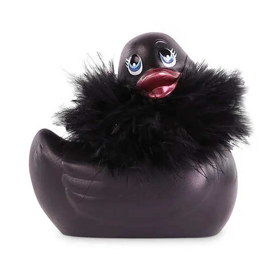 Vibromasseur canard étanche noir Big Tease Toys I Rub My Duckie 2.0 avec boa plumes et cristal Swarovski