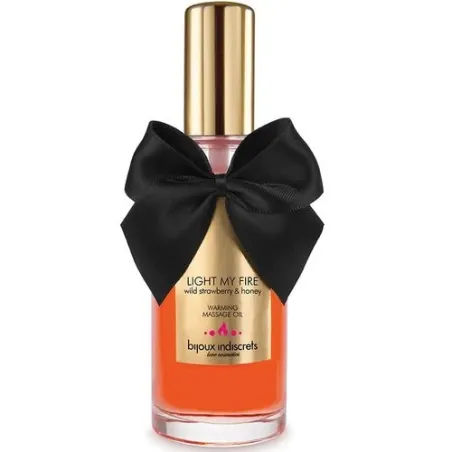 Huile de massage chauffante à la fraise, marque Bijoux Love Cosmetiques, flacon 100 ml, effet thermique.