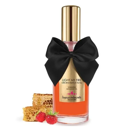 Wärmendes Massageöl mit Erdbeeraroma, Marke Bijoux Love Cosmetiques, 100-ml-Flasche, wärmender Effekt.