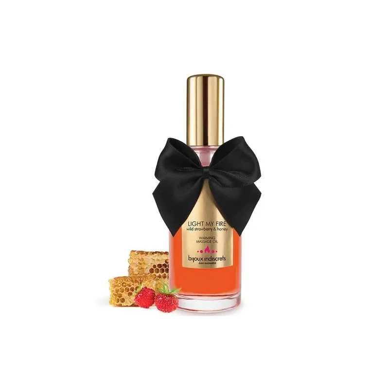 Huile de massage chauffante à la fraise, marque Bijoux Love Cosmetiques, flacon 100 ml, effet thermique.