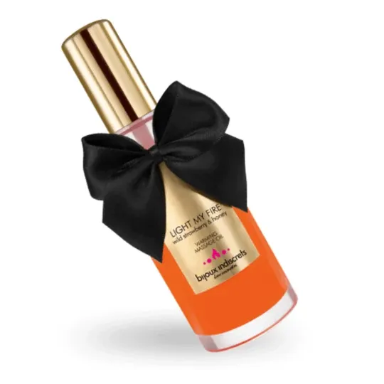 Olio da massaggio riscaldante alla fragola, marca Bijoux Love Cosmetiques, flacone da 100 ml, effetto termico.