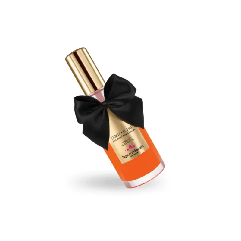 Olio da massaggio riscaldante alla fragola, marca Bijoux Love Cosmetiques, flacone da 100 ml, effetto termico.