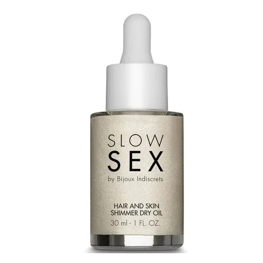 Dry illuminator oil Slow Sex 30 ml, golden shimmer, coconut scent, hydrating and shiny for skin and hair.