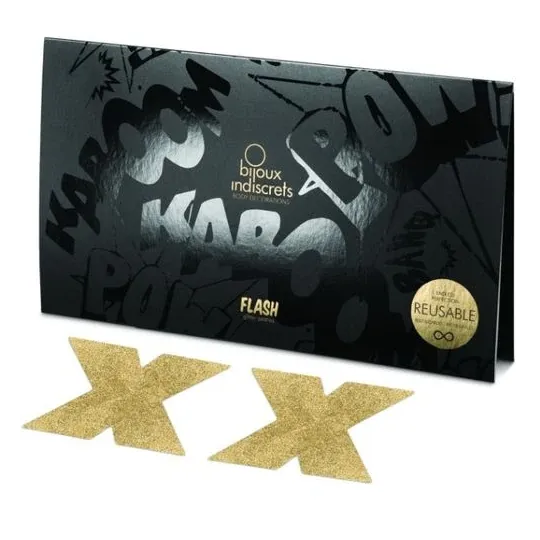 Copricapezzoli glitter oro autoadesivi FLASH di Bijoux Flash Collection, decorazioni corporee riutilizzabili.