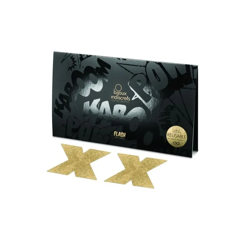 Copricapezzoli glitter oro autoadesivi FLASH di Bijoux Flash Collection, decorazioni corporee riutilizzabili.