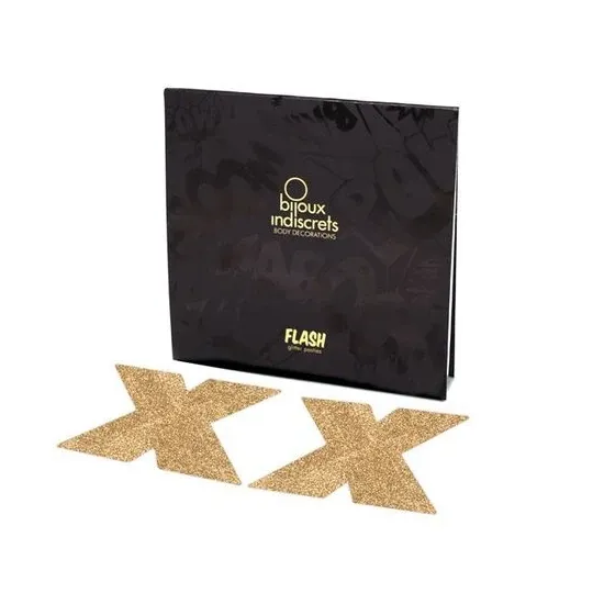 Copricapezzoli glitter oro autoadesivi FLASH di Bijoux Flash Collection, decorazioni corporee riutilizzabili.