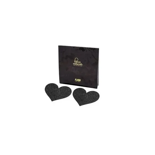 Copricapezzoli glitterati a forma di cuore nero, autoadesivi, Bijoux Flash Collection.