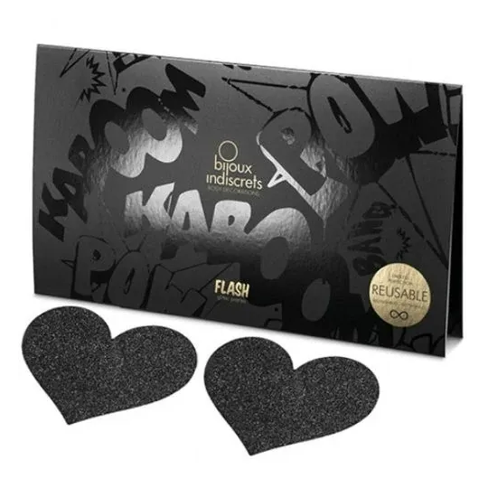 Copricapezzoli glitterati a forma di cuore nero, autoadesivi, Bijoux Flash Collection.