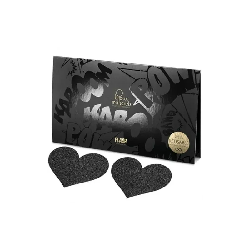 Copricapezzoli glitterati a forma di cuore nero, autoadesivi, Bijoux Flash Collection.