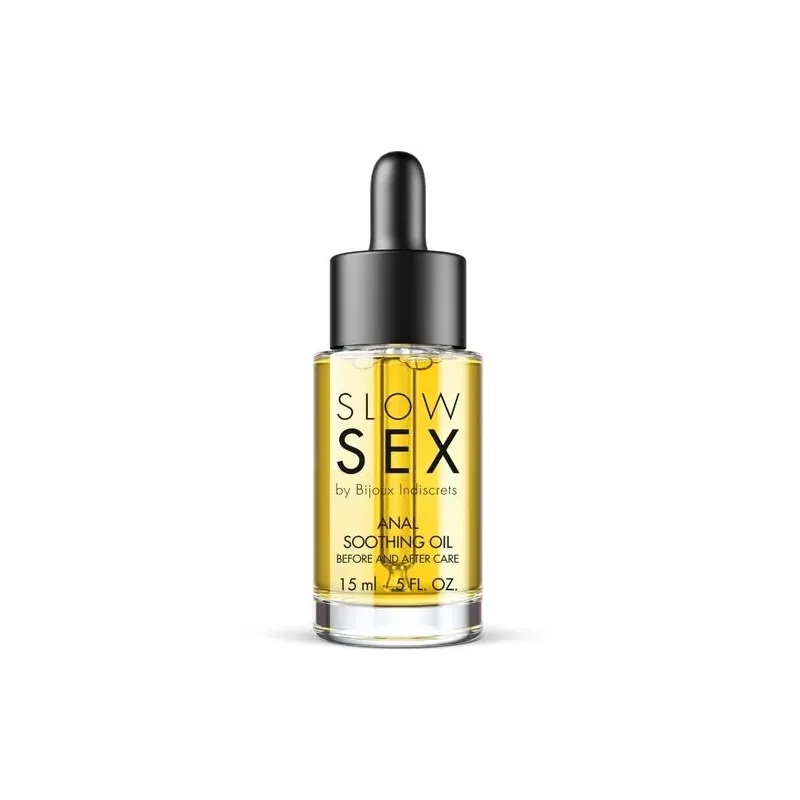 Olio anale lenitivo Slow Sex 15 ml a base di olio d'oliva e estratto di carruba per pelli sensibili.