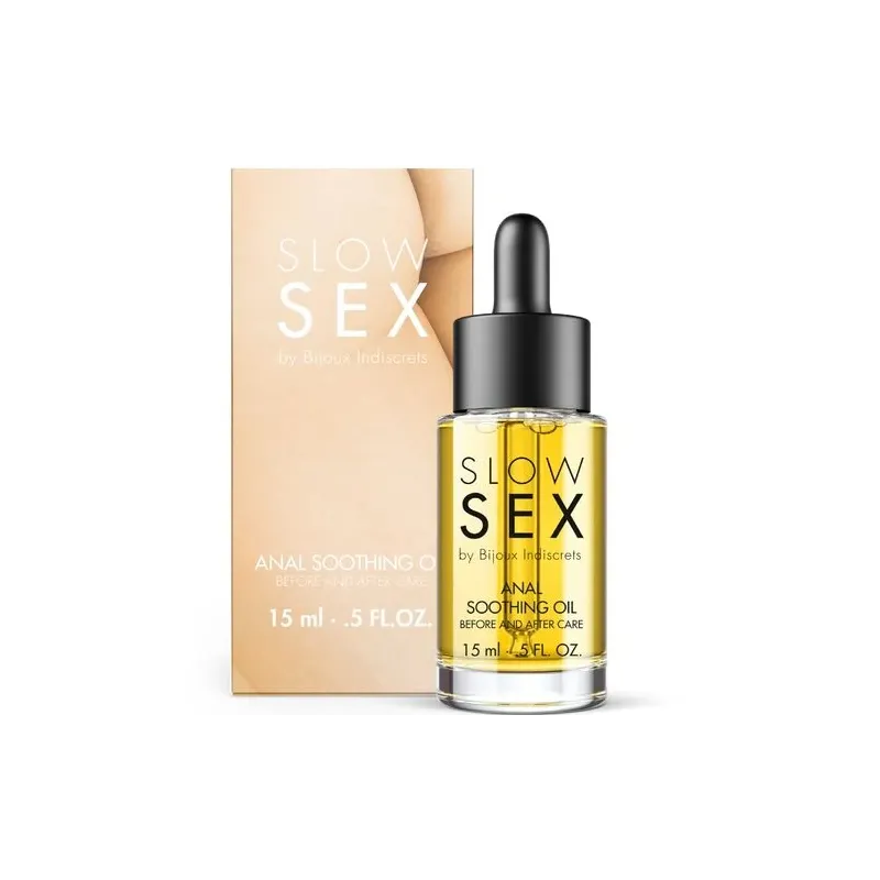 Olio anale lenitivo Slow Sex 15 ml a base di olio d'oliva e estratto di carruba per pelli sensibili.