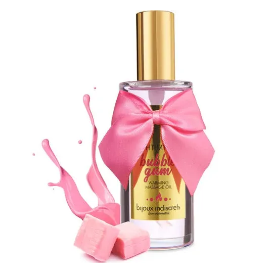 Warming massage oil bubblegum from Bijoux Love Cosmétiques, heat effect and edible.
