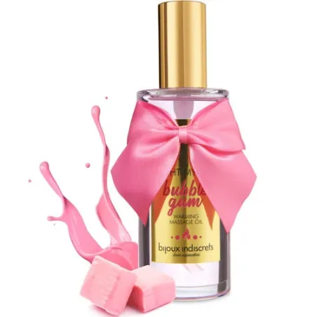 Olio da massaggio riscaldante bubblegum di Bijoux Love Cosmétiques, effetto calore e commestibile.