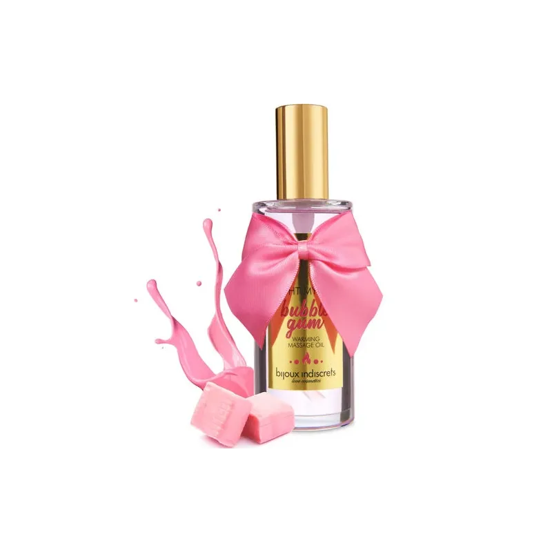 Olio da massaggio riscaldante bubblegum di Bijoux Love Cosmétiques, effetto calore e commestibile.
