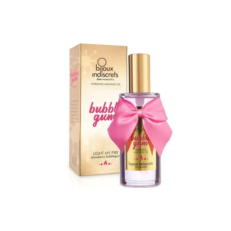 Olio da massaggio riscaldante bubblegum di Bijoux Love Cosmétiques, effetto calore e commestibile.