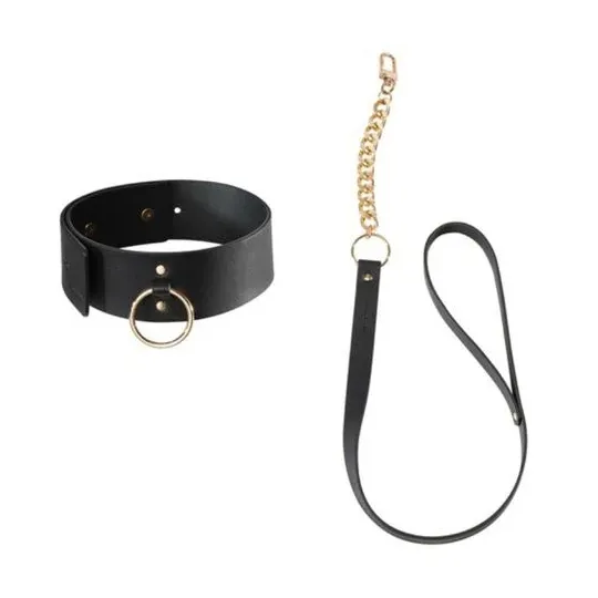 Black bondage collar with leash Bijoux Maze, metal ring, white background