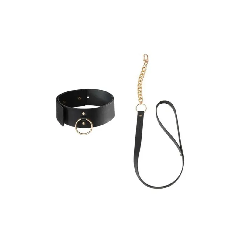 Collare bondage nero con guinzaglio Bijoux Maze, anello metallico, sfondo bianco