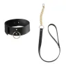 Black bondage collar with leash Bijoux Maze, metal ring, white background