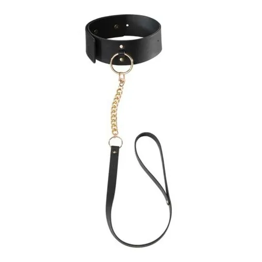 Collier bondage noir avec laisse Bijoux Maze, anneau métallique, fond blanc