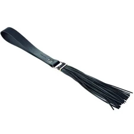 Black BDSM flogger by Bijoux Maze, vegan polyurethane material for erotic role play.