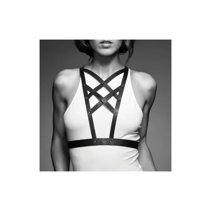Harnais croisé noir avec collier réglable, marque Bijoux Indiscrets, sangles en similicuir vegan, accessoire érotique Maze.