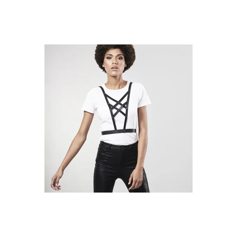 Harnais croisé noir avec collier réglable, marque Bijoux Indiscrets, sangles en similicuir vegan, accessoire érotique Maze.