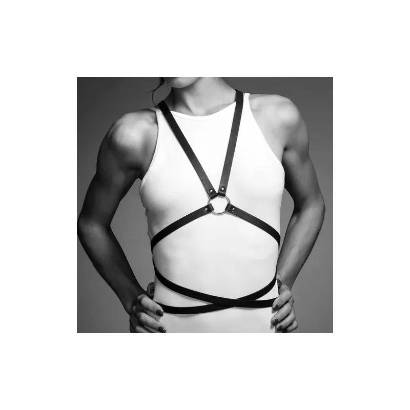 Imbracatura bondage nera multi-via regolabile in poliuretano, MAZE di Bijoux Indiscrets.