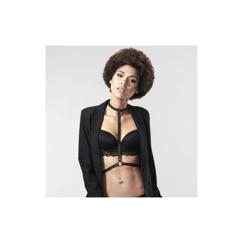 Imbracatura bondage nera regolabile Bijoux Indiscrets Maze, accessorio erotico moda vegan, fibbie collo e vita