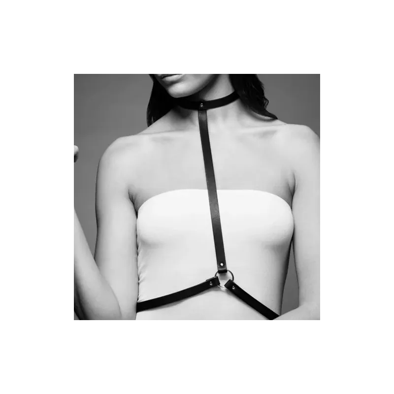 Imbracatura bondage nera regolabile Bijoux Indiscrets Maze, accessorio erotico moda vegan, fibbie collo e vita