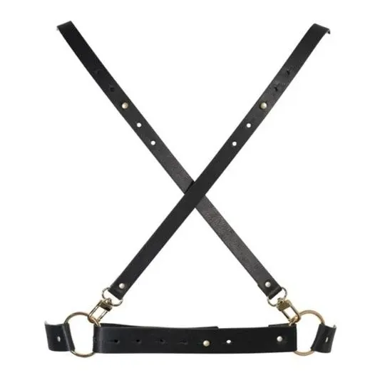 Imbracatura X regolabile nera Bijoux Maze, accessorio bondage in poliuretano riciclato.