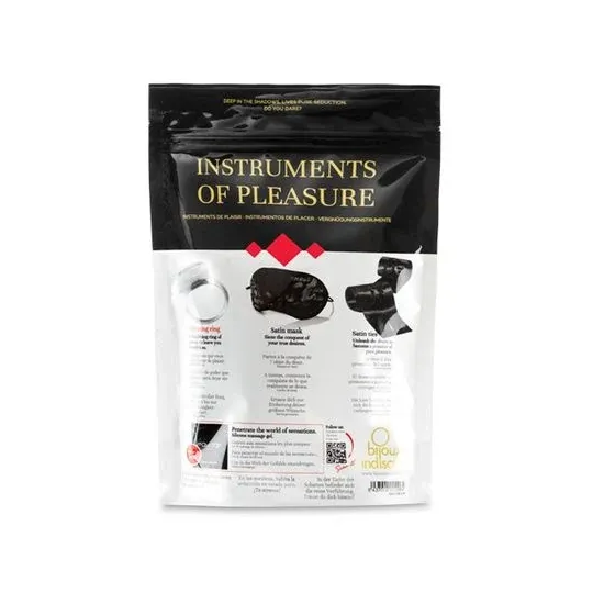 Kit Instruments de Plaisir Niveau Rouge Bijoux Indiscrets con anello vibrante, manette in raso e maschera rossa