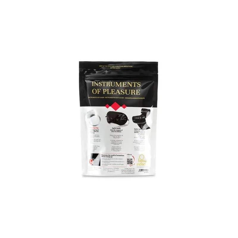 Kit Instruments de Plaisir Niveau Rouge Bijoux Indiscrets con anello vibrante, manette in raso e maschera rossa