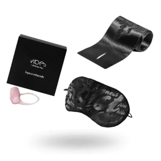 Kit Instruments de Plaisir Niveau Rouge Bijoux Indiscrets con anello vibrante, manette in raso e maschera rossa