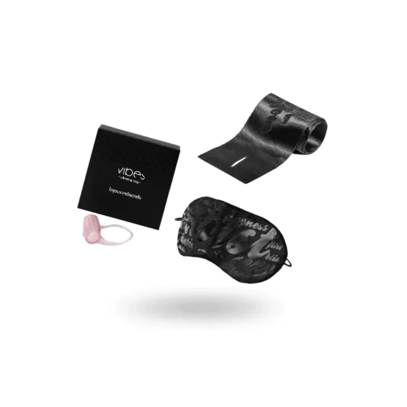 Kit Instruments de Plaisir Niveau Rouge Bijoux Indiscrets con anello vibrante, manette in raso e maschera rossa