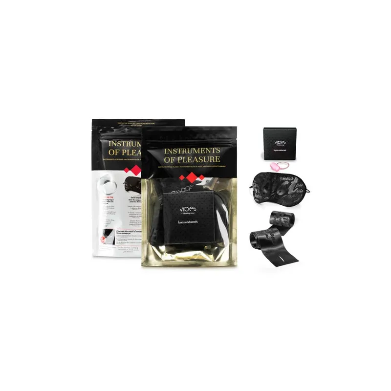 Kit Instruments de Plaisir Niveau Rouge Bijoux Indiscrets con anello vibrante, manette in raso e maschera rossa