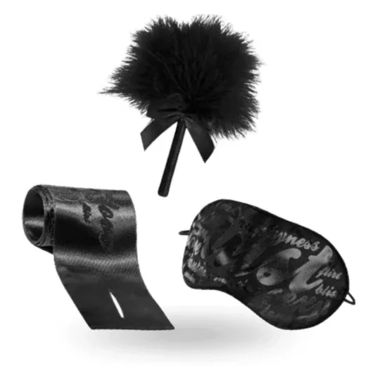 Set di piacere BIJOUX INDISCRETS: piumino erotico, manette raso, maschera raso - accessori sensuali